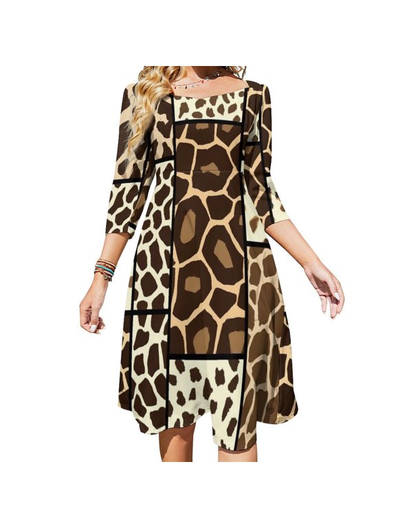 Giraffe Print Patchwork Pattern Womens Summer Dress Tie Back A Line Flare Dress