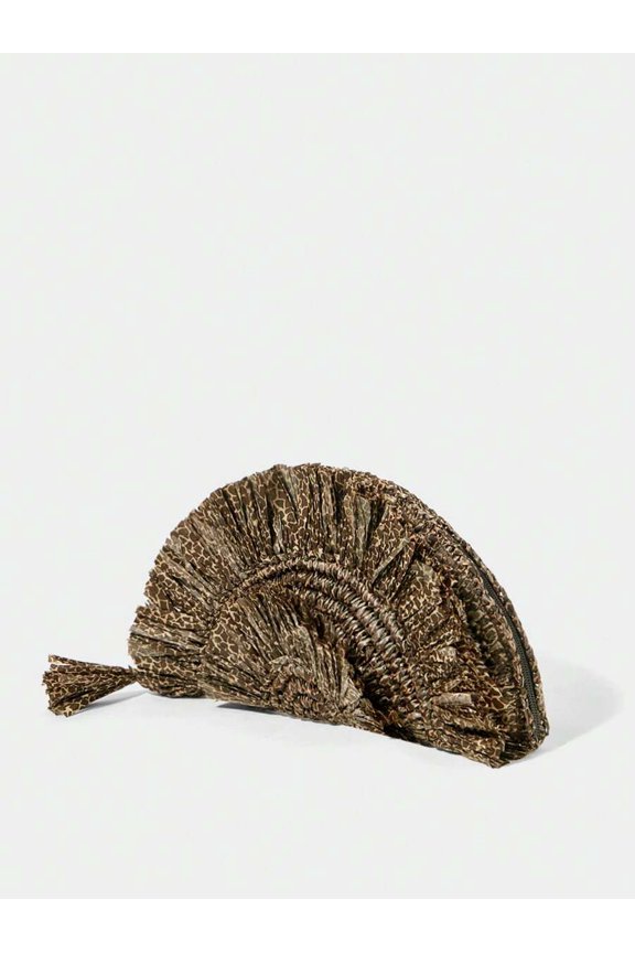 Giraffe Print Straw Fan Clutch With Tassel, Evening Handbag