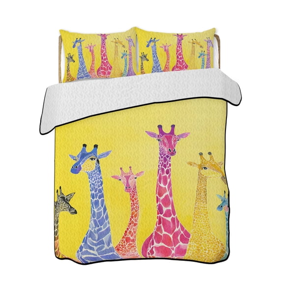 Giraffe Quilts Bedding Set King Size Colorful Animal Art Oil Painting Yellow Bottom Lightweight Quilted Bedspread 3 Piece Bed Quilt with 2 Pillow Shams All Season for Bedroom 90" x 96"