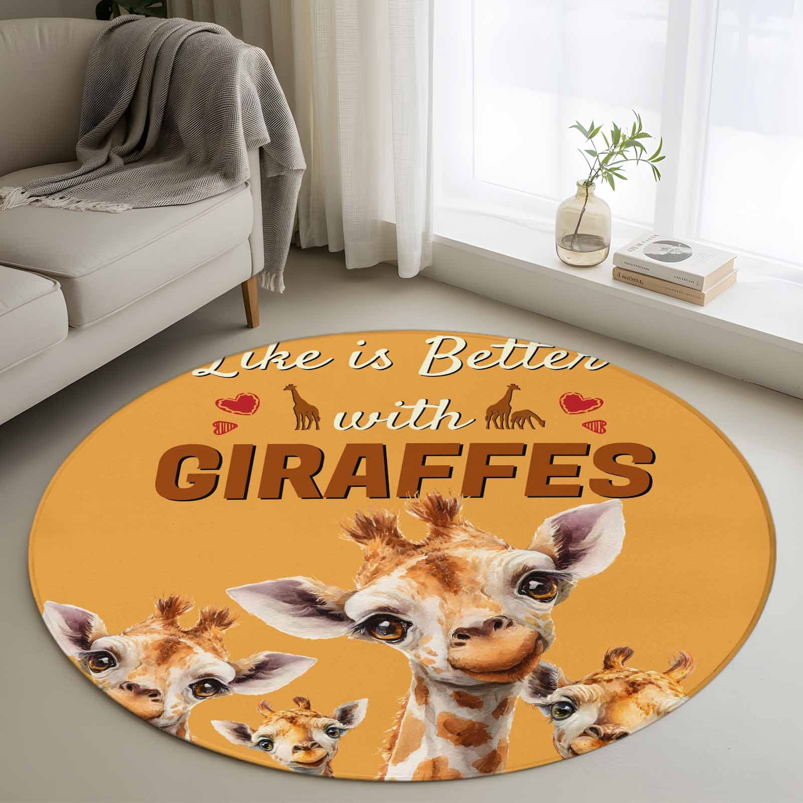 Giraffe Round Area Rug 4Ft Washable Circle Rugs for Bedroom Dining Room, Red Love Heart Rustic Animals Orange Non-Slip Carpet Floor Mats Indoor Outdoor Carpet Runner Aesthetic Home Decor