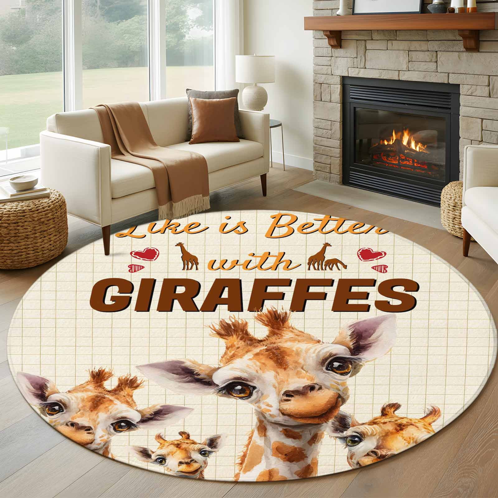 Giraffe Round Area Rug 5Ft Washable Circle Rugs for Living Room Bedroom, Red Love Heart Animals Plaid Non-Slip Carpet Floor Mats Indoor Outdoor Carpet Runner Aesthetic Home Decor
