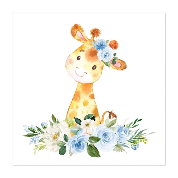 Giraffe, Safari Animals, Jungle Animals, Blue Flowers, Boy Nursery - Illustration Watercolor Animal Floral Whimsical Unframed Wall Art Print 32 x 32 inches