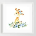 thumbnail image 1 of Giraffe, Safari Animals, Jungle Animals, Blue Flowers, Boy Nursery - Illustration Watercolor Animal Floral Whimsical White Framed Wall Art Print 10 x 10 inches, 1 of 3