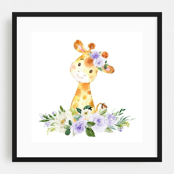 Giraffe, Safari Animals, Jungle Animals, Purple Flowers, Gender Neutral Nursery - Illustration Watercolor Whimsical Animal Floral Botanical Black Framed Wall Art Print 10 x 10 inches