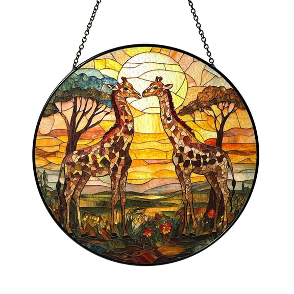 Giraffe Safari Scene Stained glass suncatcher Window Hanging, Wildlife Nature Decor, Elegant Light Catcher Gift for Animal Lovers