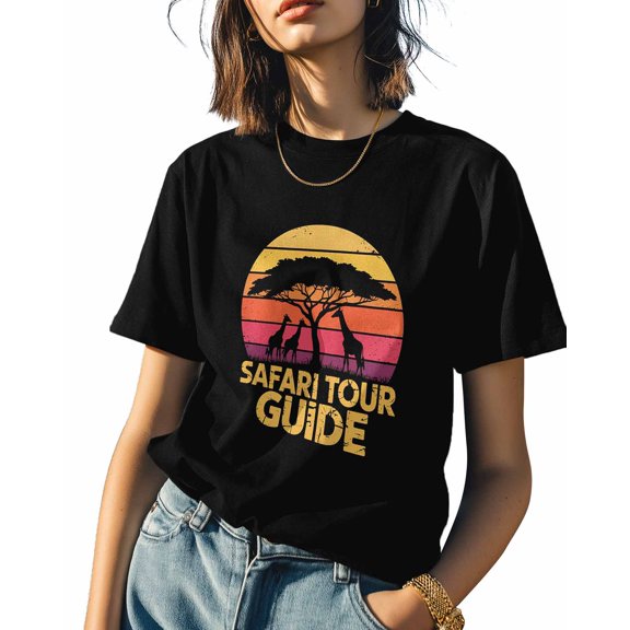Giraffe Safari Tour Womens Tshirt Graphic Tees Cotton Crew Neck T-Shirts, Casual Short Sleeve Shirts for Women Teen Girl Gradient Stripes
