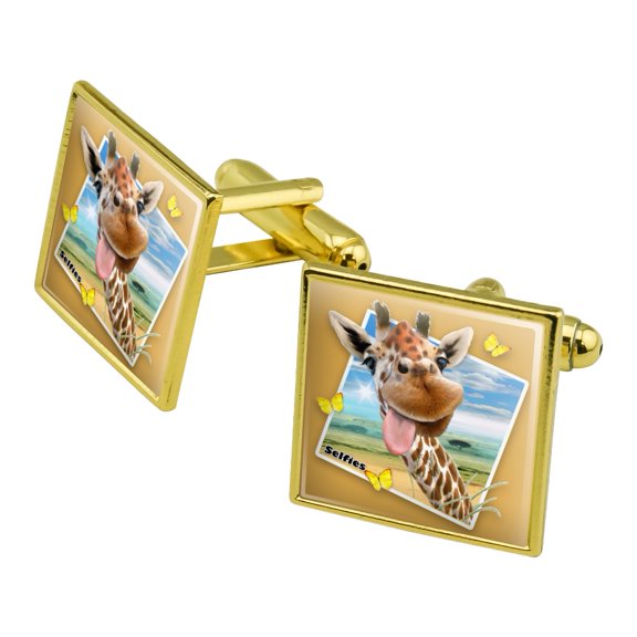 Giraffe Selfie Picture Square Cufflink Set - Silver or Gold