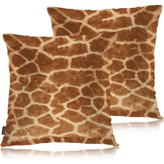 Giraffe Set of 2 Decorative Throw Pillow Covers, Wildlife Giraffe Print Farmhouse Pillowcase Cozy Pillow Cover for Couch Sofa Bed Garden Chair, 18 X 18 Inch, Brown