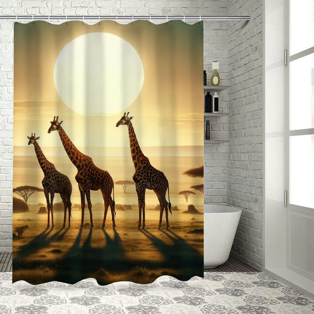 Giraffe Shower Curtain, Animals Walking in The Green Forest Wildlife