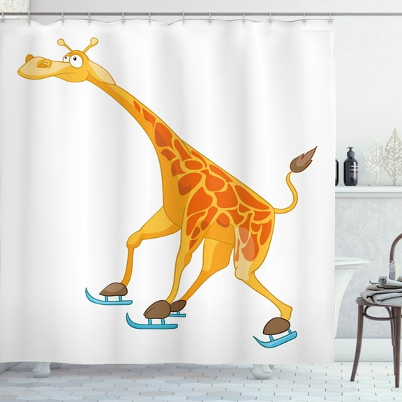 Giraffe Shower Curtain, Ice Skating Animal Having Fun Bamboozled Impression Print on Plain Background, Fabric Bathroom Set with Hooks, 69W X 70L Inches, White and Orange, by Ambesonne