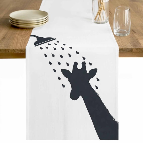 Giraffe Showering Table Runner - 48 Inch Long Modern Abstract Art Funny Animals Cotton and Linen Blended Dress Scarves Farmhouse Table Runner for Kitchen Dining, Coffee Table, 13" x 48"