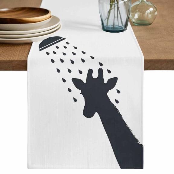 Giraffe Showering Table Runner, Modern Abstract Art Funny Animals Washable Cotton Linen Table Runners 36 Inches Long, Dresser Scarf Runner for Nightstand/End Tables/Round Tables 13''x36''
