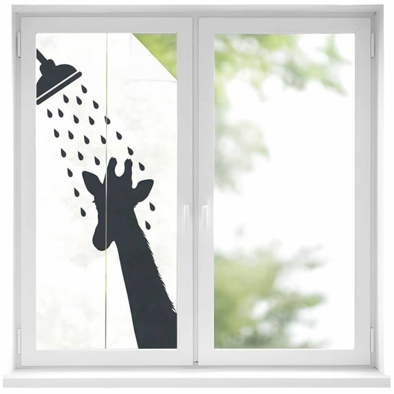 Giraffe Showering Window Privacy Film, Modern Abstract Art Funny Animals Static Cling UV Sun Blocking Heat Control Window Tint Day and Night, Non-Adhesive One Way Windows Privacy Cover 17.7''x39.3''