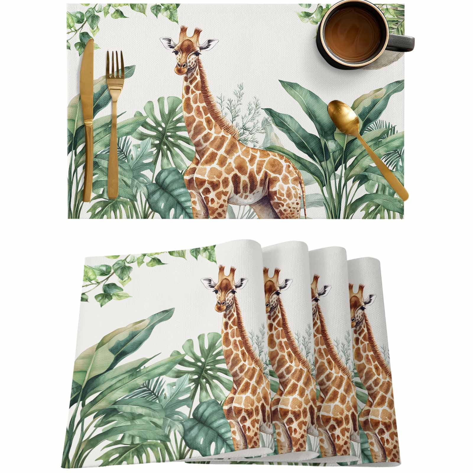 Giraffe Sloth Tropical Animal Placemats Set of 4,Wipeable Washable ...