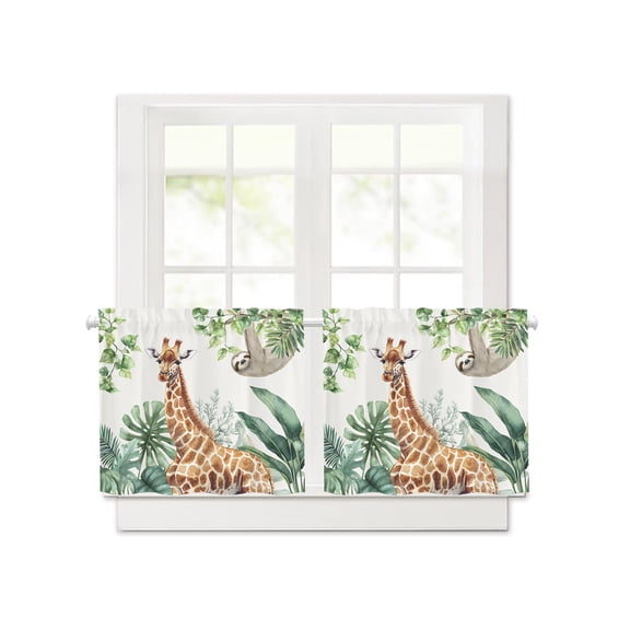 Giraffe Sloth Tropical Animal Short Blackout Curtains 30 Inch Long,Green Turtle Leaf Plant Rod Pocket Kitchen Curtains,2 Panels Thermal Insulated Room Darkening Drapes for Bedroom,30"W x 30"L
