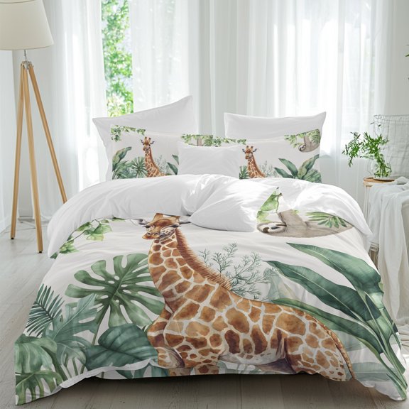 Giraffe Sloth Tropical Animal Soft Breathable Bedding Set with Pillow Shams Flat Sheet, Green Turtle Leaf Plant Bed Comforter Cover Sets