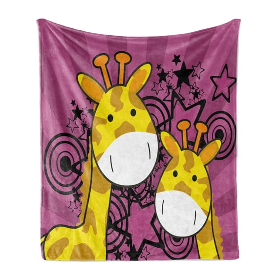 Giraffe Soft Flannel Fleece Blanket, Cartoon Style Animals Starburst Family with Sunbeam Effect Background, Cozy Plush for Indoor and Outdoor Use, 50" x 70", Dark Magenta and Yellow, by Ambesonne