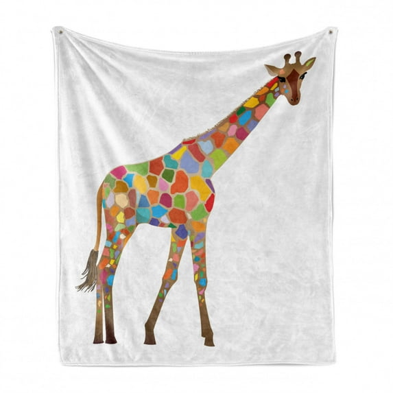 Giraffe Soft Flannel Fleece Blanket, Colorful Abstract Art Interpreted Wild Long Necked Animal on Plain Background, Cozy Plush for Indoor and Outdoor Use, 50" x 70", White Multicolor, by Ambesonne