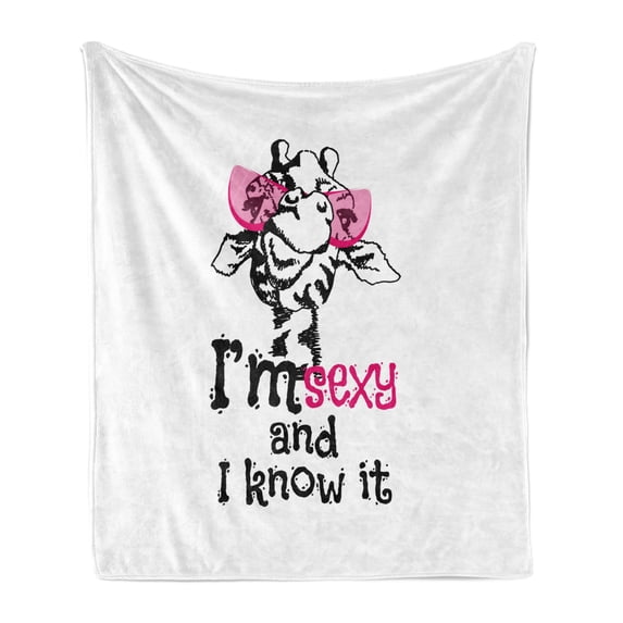 Giraffe Soft Flannel Fleece Blanket, Funny Animal in Pinkish Tones Glasses Whimsical Typography Fashion Image, Cozy Plush for Indoor and Outdoor Use, 50" x 60", White Black and Pink, by Ambesonne