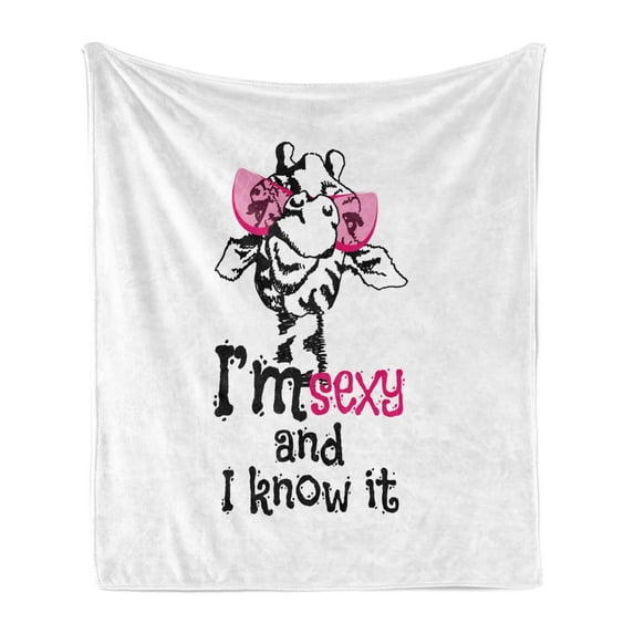Giraffe Soft Flannel Fleece Blanket, Funny Animal in Pinkish Tones Glasses Whimsical Typography Fashion Image, Cozy Plush for Indoor and Outdoor Use, 50" x 70", White Black and Pink, by Ambesonne