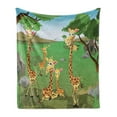 thumbnail image 1 of Giraffe Soft Flannel Fleece Blanket, Savannah Cartoon Fauna Trees Rocks on Green Grass Mountains Illustration, Cozy Plush for Indoor and Outdoor Use, 50" x 70", Fern Green Multicolor, by Ambesonne, 1 of 6