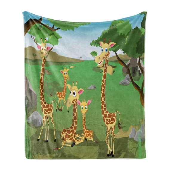 Giraffe Soft Flannel Fleece Blanket, Savannah Cartoon Fauna Trees Rocks on Green Grass Mountains Illustration, Cozy Plush for Indoor and Outdoor Use, 70" x 90", Fern Green Multicolor, by Ambesonne