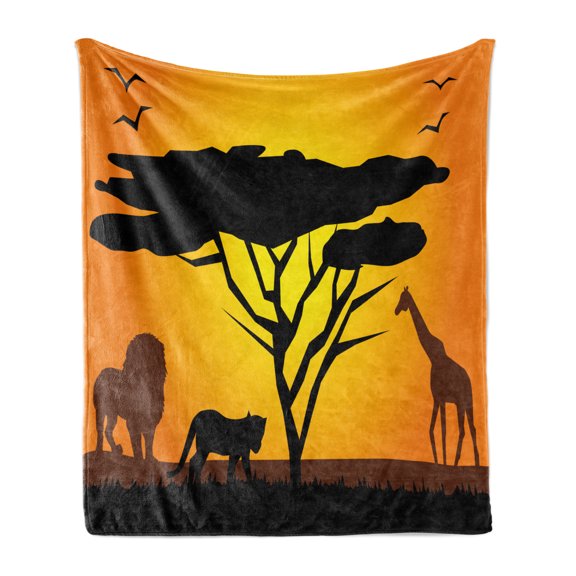 Giraffe Soft Flannel Fleece Throw Blanket, African Desert Landscape Tree Maned Lion Tiger Birds Print, Cozy Plush for Indoor and Outdoor Use, 50" x 60", Marigold Chocolate, by Ambesonne