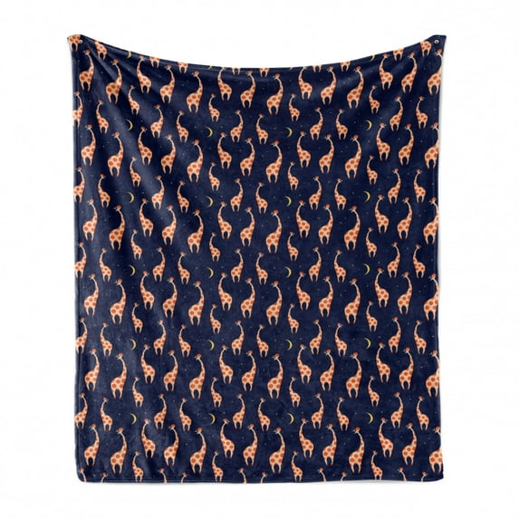 Giraffe Soft Flannel Fleece Throw Blanket, Baby Toddler Nursery Pattern with Funny Animals on Night Sky, Cozy Plush for Indoor and Outdoor Use, 60" x 80", Dark Orange Navy Blue, by Ambesonne