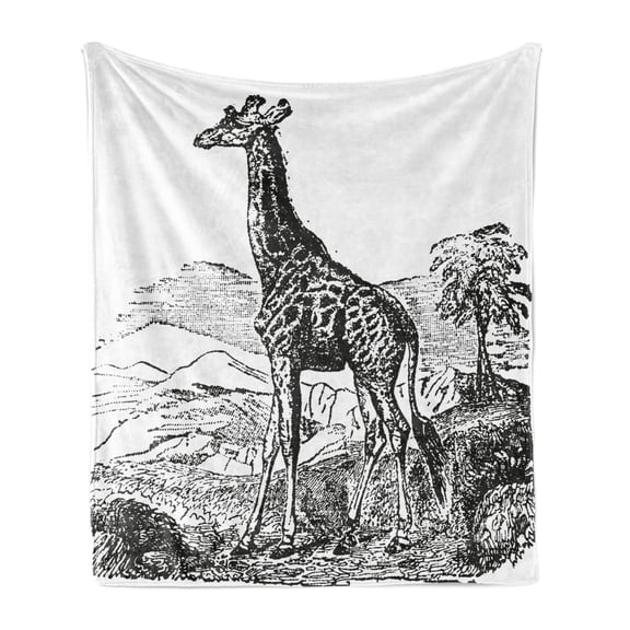 Giraffe Soft Flannel Fleece Throw Blanket, Engraving Natural History Trees Hills Pattern on Plain Background, Cozy Plush for Indoor and Outdoor Use, 50" x 60", White and Charcoal Grey, by Ambesonne