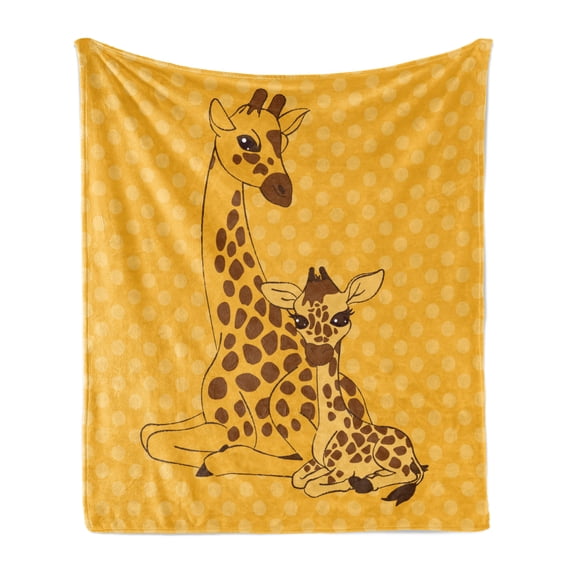 Giraffe Soft Flannel Fleece Throw Blanket, Giraffe Family Baby Animal Pattern on Polka Dotted Background, Cozy Plush for Indoor and Outdoor Use, 50" x 60", Marigold Redwood, by Ambesonne