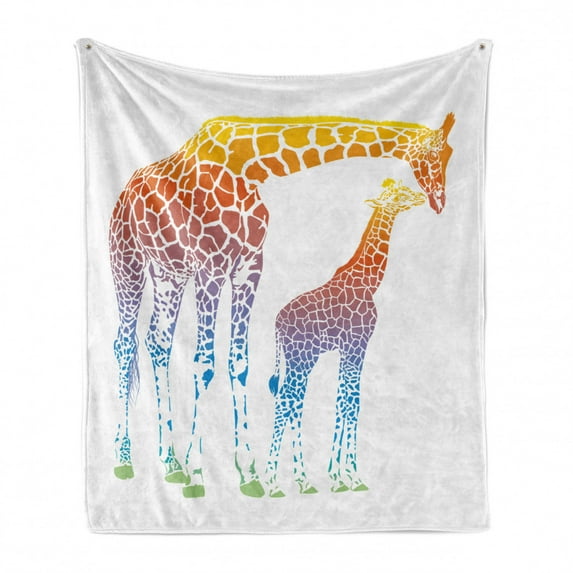 Giraffe Soft Flannel Fleece Throw Blanket, Mom Kid Giraffe in Rainbow Colors Abstract Art Surrealist Image of Animal, Cozy Plush for Indoor and Outdoor Use, 60" x 80", Multicolor, by Ambesonne