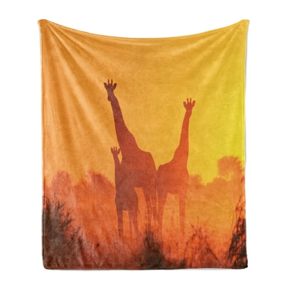 Giraffe Soft Flannel Fleece Throw Blanket, Sunset with Indigenous Animals Photo, Cozy Plush for Indoor and Outdoor Use, 50" x 60", Orange Burnt Orange, by Ambesonne