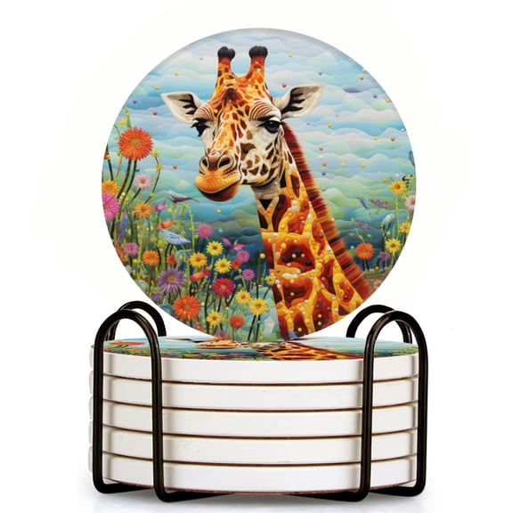 Giraffe Stands In Field Surrounded By Colorful Blooms Set of 6 Ceramic Coasters with Holder, Absorbent Drink Bar Coasters, Table Coasters for Living Room Decor Tabletop Protection