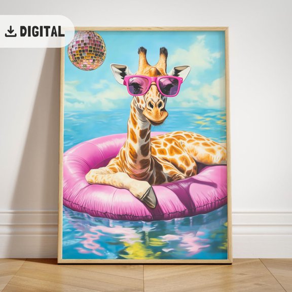Giraffe Summer, Poster Coastal Beach Wall Art, Pool Party Decoration, Wild Animal Poster, Unframed Poster Size 24x36