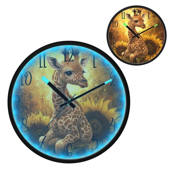 Giraffe Sunflower Illustration Luminous Wall Clock with Sound-Activated LED 12-Inch Silent Acrylic Timepiece for Bedroom Livingroom or Office