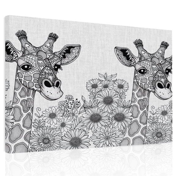 Giraffe Sunflowers Canvas Print Wall Art, Black White Geometric Pattern Wall Decor Modern Artwork Paintings Pictures for Living Room Framed and Stretched Ready to Hang, 24" x 32"
