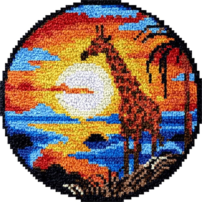 Giraffe under Sunset Round Shape Latch Hook Rug Kits Set for Starter Crochet Hook Cushion Mat Sofa Seat Cushion Crocheting Kits with Preprinted Canvas Crochet Yarn Kits 50X50CM (fi17)