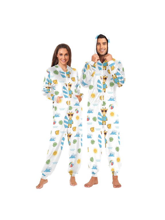Giraffe Surfing Adult Onesie Pajamas for Men and Women Ultra Soft One Piece Loungewear Large