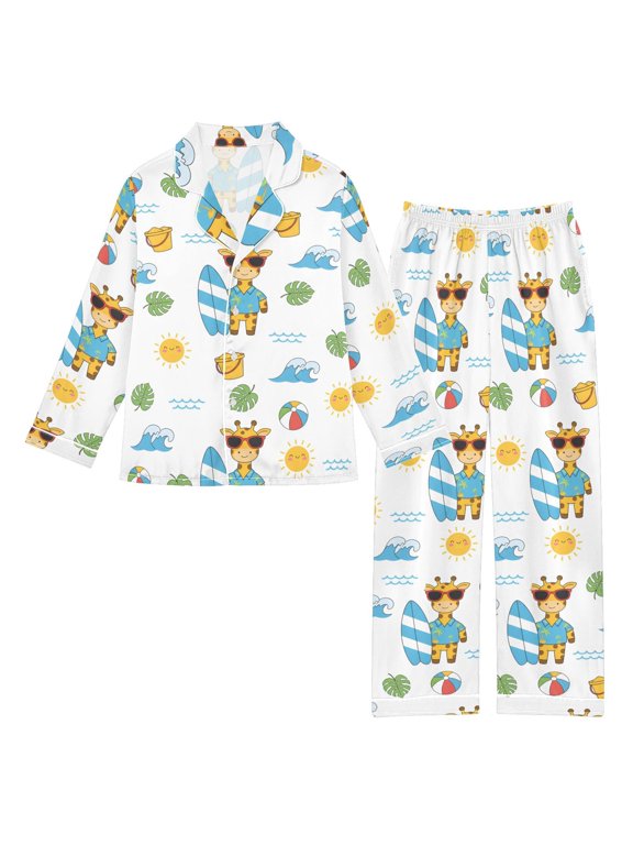 Giraffe Surfing Satin Pajama Set Soft Breathable Button Down 2 Piece Pjs Sleepwear Lounge Daily XX-Large