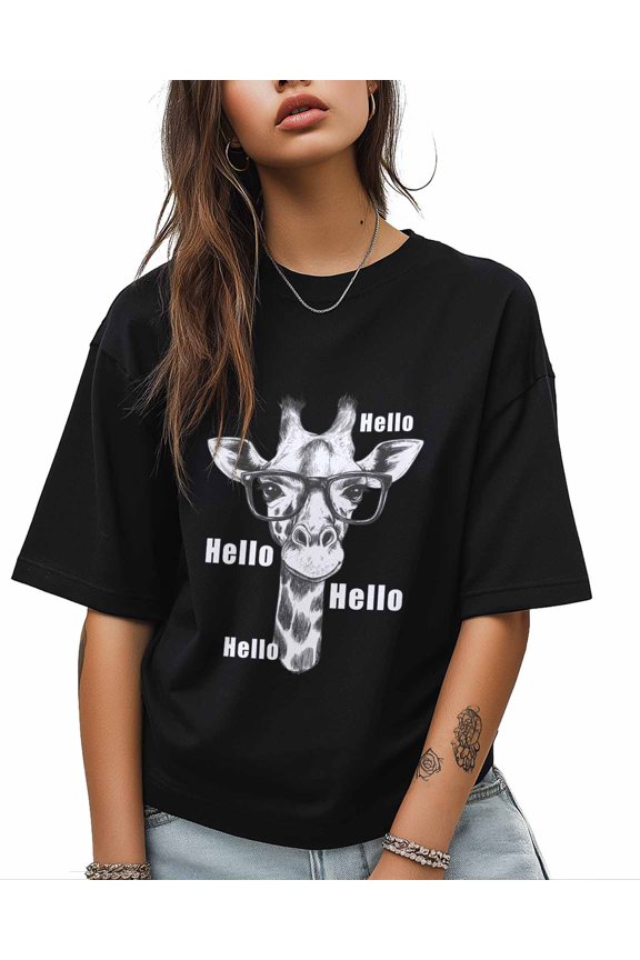 Giraffe T Shirts for Women Short Sleeve Cotton Crewneck T-Shirt Eyes Hello Tee Tops Casual Basic T-Shirts, XS-5XL Black XS