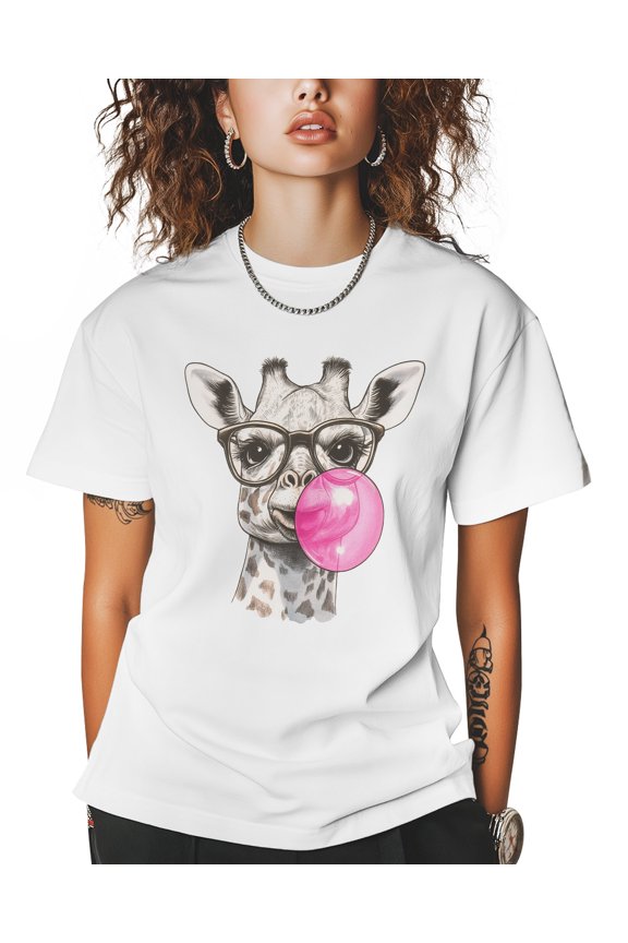 Giraffe T Shirts for Women Short Sleeve Cotton Crewneck T-Shirt Pink Bubble Tee Tops Casual Basic T-Shirts, XS-5XL White XS