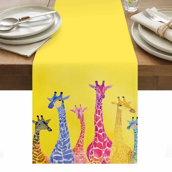 Giraffe Table Runner 13 x 48 Inch, Colorful Animal Art Oil Painting Yellow Bottom Washable Cotton Linen Dining Table Runner Tabletop Decorations for Restaurant Home Kitchen Party