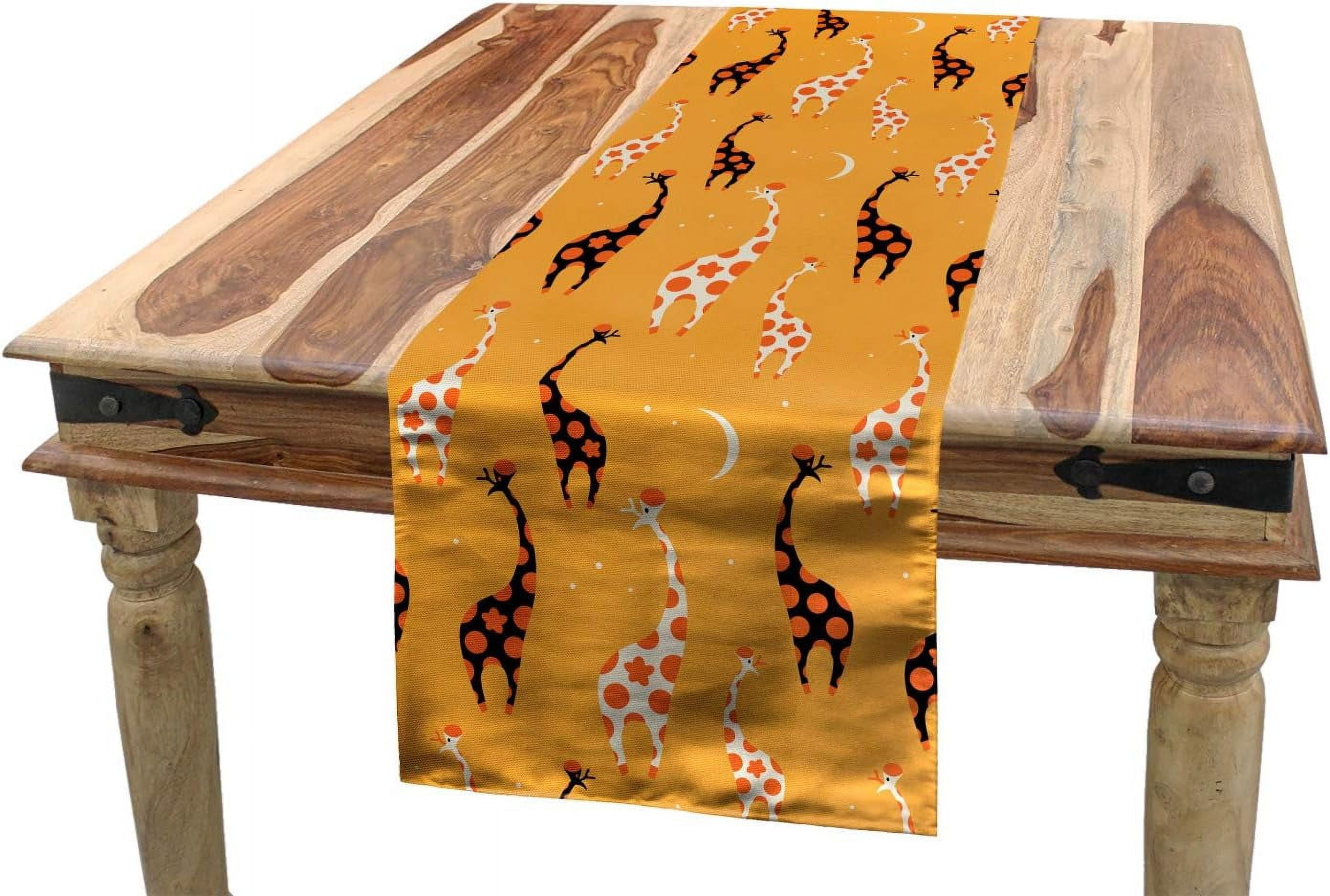 Giraffe Table Runner, Cartoon Funny Long Neck Animals With Antlers And