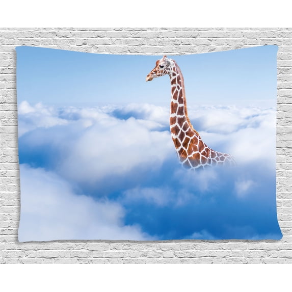 Giraffe Tapestry, Aerial Scene of a Flying Animal in Fluffy Clouds Heaven Fantasy for Animals Themed, Wall Hanging for Bedroom Living Room Dorm Decor, 80W X 60L Inches, White Brown, by Ambesonne