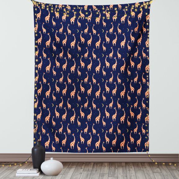 Giraffe Tapestry, Baby Toddler Nursery Pattern with Funny Animals on Night Sky, Wall Hanging for Bedroom Living Room Dorm Decor, 40W X 60L Inches, Dark Blue Dark Orange and Beige, by Ambesonne