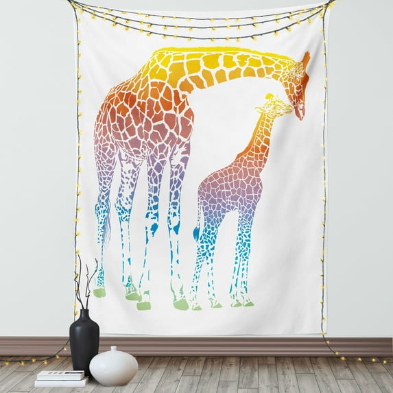 Giraffe Tapestry, Mom Kid Giraffe in Rainbow Colors Abstract Art Surrealist Image of African Animal, Wall Hanging for Bedroom Living Room Dorm Decor, 40W X 60L Inches, Multicolor, by Ambesonne