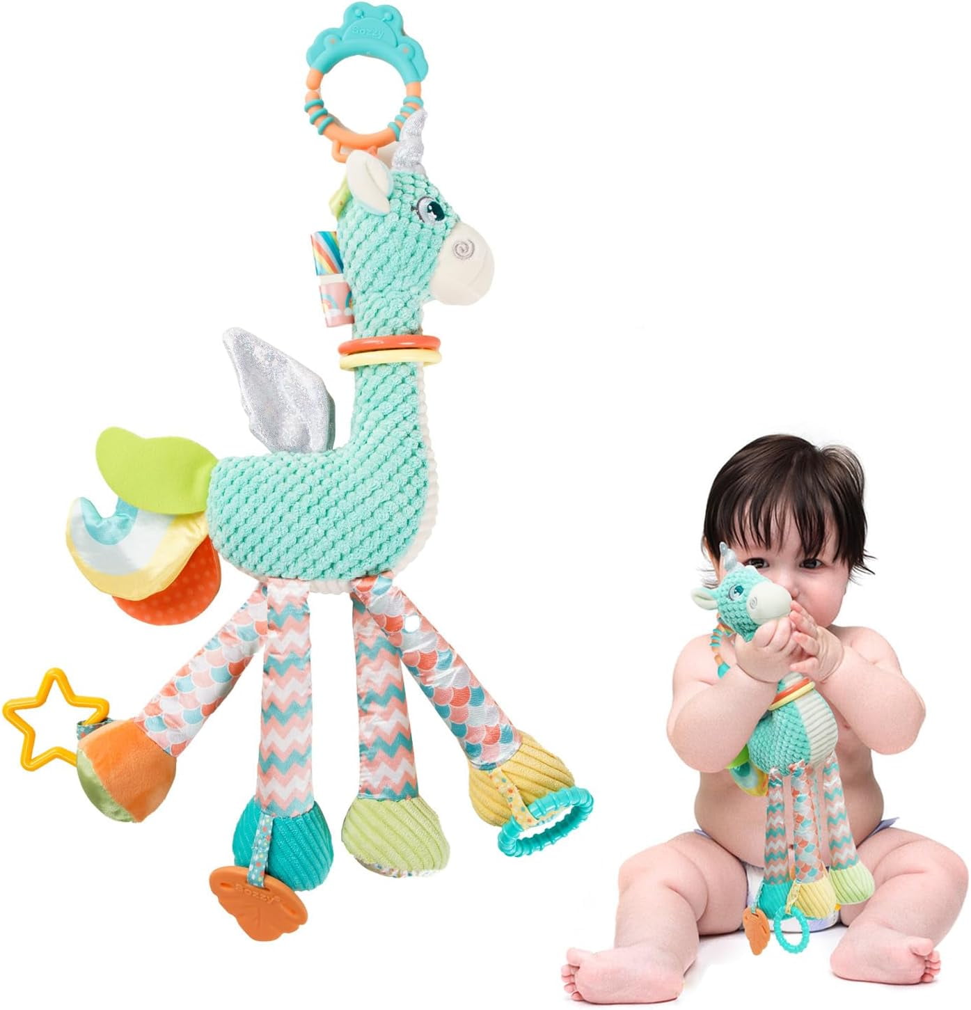 Giraffe Teething Hanging Toy, Chewable Sensory Crinkle Bell Doll for Stroller Crib Car Seat, Newborn Infant 0-12 Months Gift