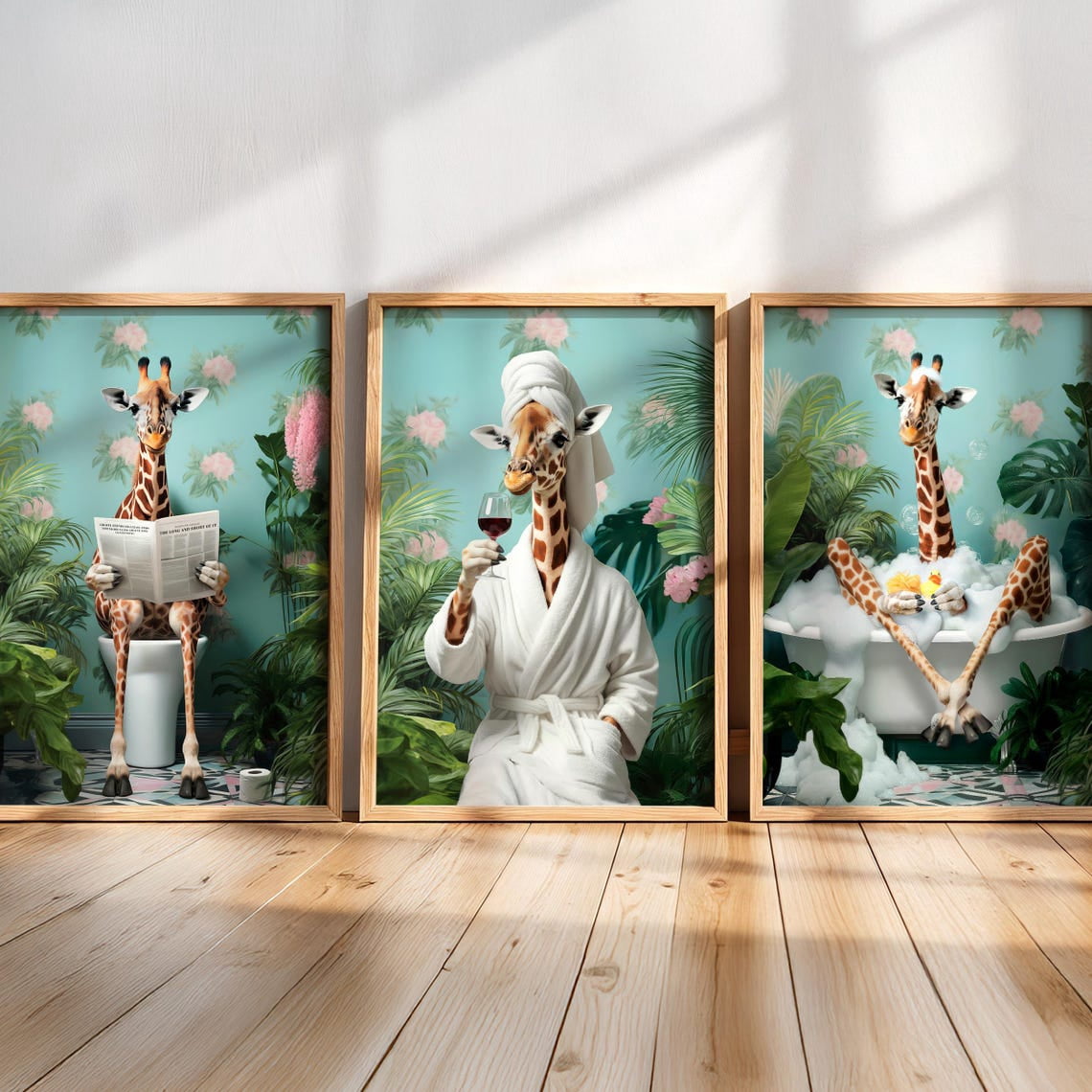 Giraffe Toilet Prints, Tropical Botanical Bathroom Wall Art Set ...