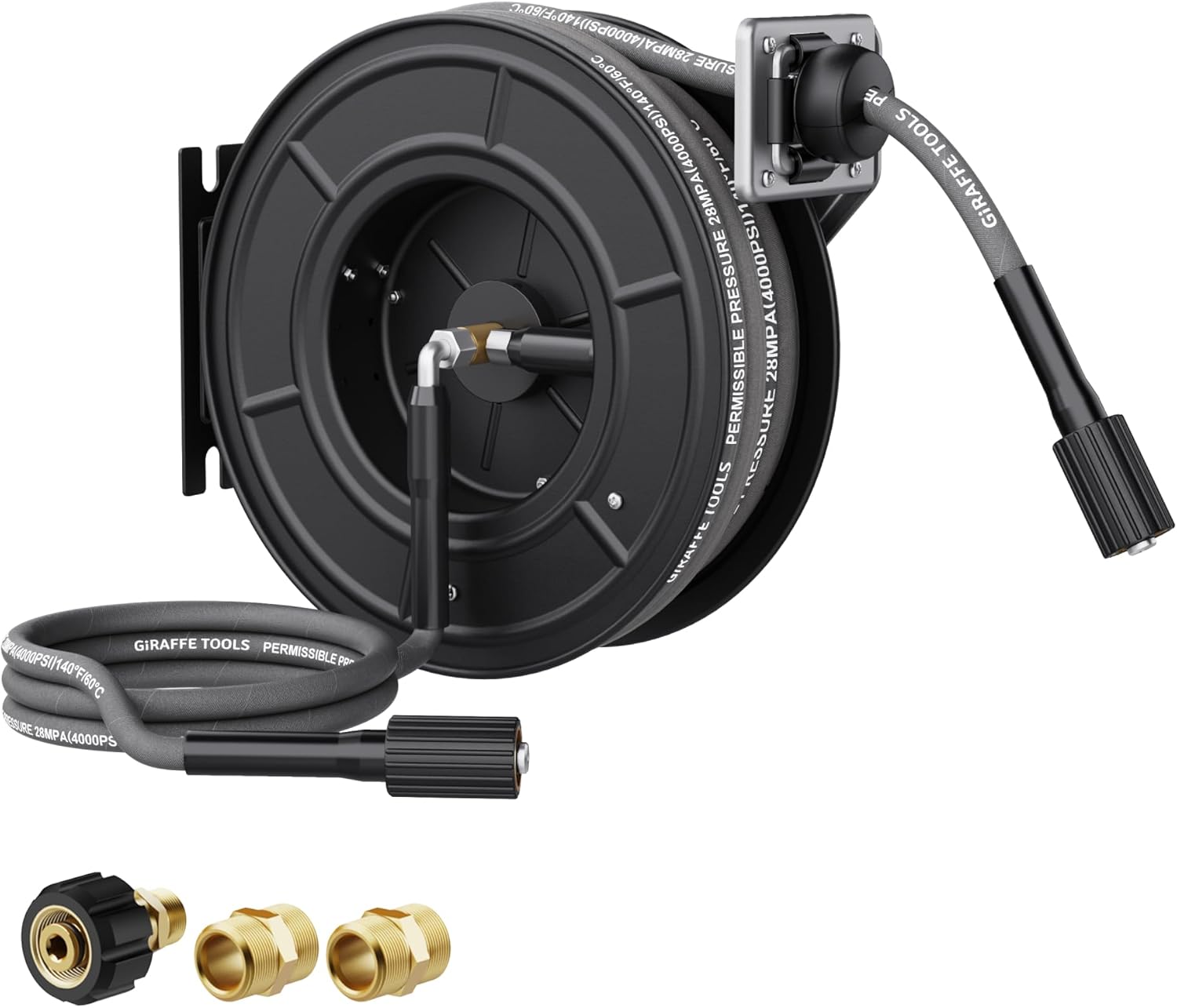 Giraffe Tools 1/4" x 60 ft Retractable Pressure Washer Hose Reel, 4000PSI Hose, Wall/Floor Mounted