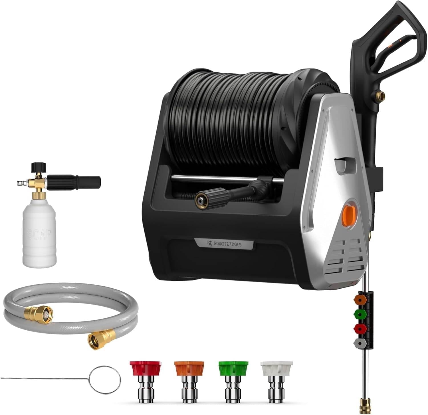 Giraffe Tools Max 2900 PSI Pressure Washer with 100ft Retractable Hose, Wall-Mount, Light Silver